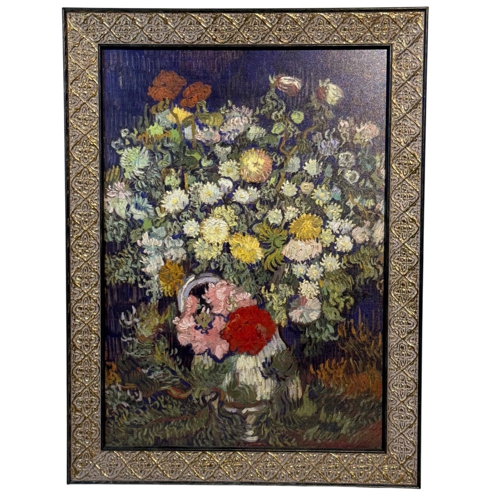 Van Gogh Reproduction Bouquet of Flowers in a Vase Gold Frame Wall Art Vintage